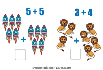 Mathematics tasks for children. Puzzles for children. Learn to count. Workbook on mathematics for preschool education.  Solve examples. Preparation for school.