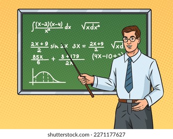 Mathematics teacher at blackboard with algebra formulas pop art retro vector illustration. Comic book style imitation.