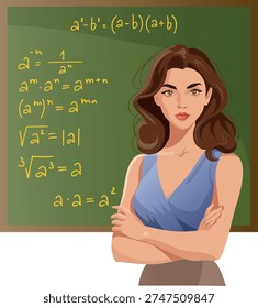 Mathematics teacher explains concepts in a classroom setting with a blackboard full of equations and a thoughtful look