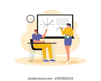 Mathematics teacher explains material, students ask for explanations that are not yet understood, school vector illustration.