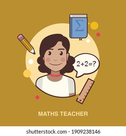 Mathematics teacher flat concept icon design with women teacher ruler books, pencil, addition note