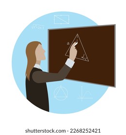 Mathematics teacher near the blackboard. An example of geometry solved by the student.