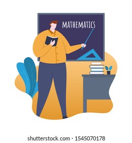 Mathematics Teacher Standing in front of Classroom with Blackboard Flat Illustration