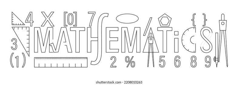 Mathematics text using mathematical tools such as ruler, divider, protractor, set square, compass and Natural Numbers, parentheses, brackets, times sign  for National Mathematics Day December.