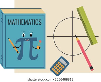 Mathematics textbook. Education concept. A geometry book is decorated with a pi sign, a ruler, a pencil, a calculator, and a drawing of a circle. Isolated vector illustration on transparent background