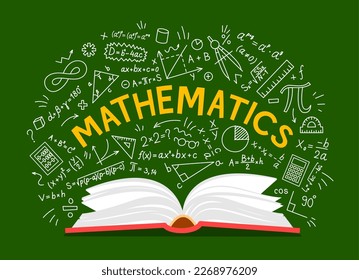 Mathematics textbook and formulas background. Vector open math book on green chalkboard backdrop with equations, scientific signs and symbols. School, college or university education, learn science