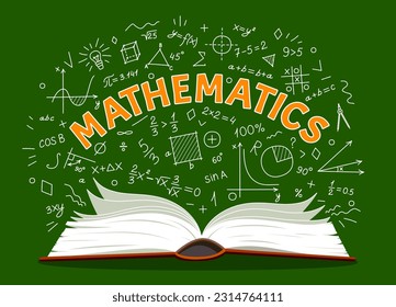 Mathematik Lehrbuch und Formeln von Schulbildung und Studium, Vektorchalkarton-Hintergrund. Mathematik-Buch mit Algebra und Geometrieformeln mit Kreidedoodle mathematischer Gleichungen