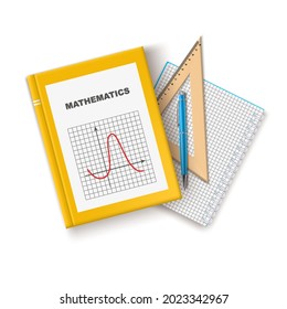 mathematics textbook with notebook pen and ruler. Vector isolated illustration on a school theme. Icon for educational website, flat lay. Realistic vector, clipart