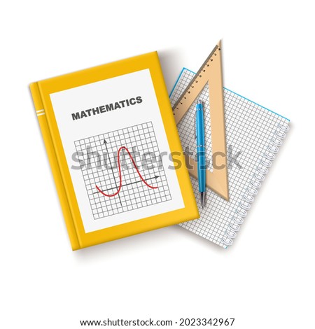 mathematics textbook with notebook pen and ruler. Vector isolated illustration on a school theme. Icon for educational website, flat lay. Realistic vector, clipart