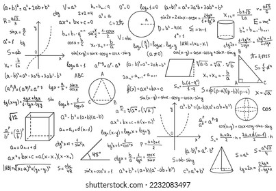 Mathematische Theorie und mathematische Formel. Handgeschriebene Symbole einzeln auf weißem Hintergrund mit handgezeichneten Formeln für Schulbildung und Papierkram. Vektorgrafik.