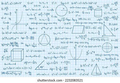 Mathematics theory and mathematical formula. Handwritten symbols isolated on blue background with hand drawn formulas used for school education and paperwork. Vector illustration.