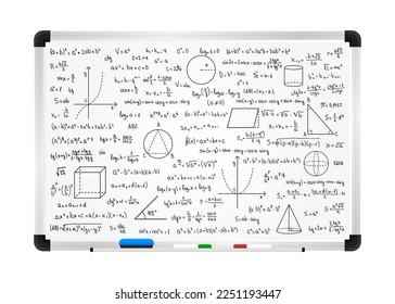 Mathematics theory and mathematical formula on school blackboard. Handwritten symbols isolated on white canvas with hand drawn formulas used for school education and paperwork. Vector illustration.