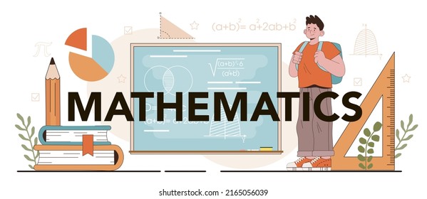 Mathematik-Typografie-Header Studenten, die Mathematik und Algebra studieren. Wissenschaft, Technologie, Ingenieurausbildung. Idee des modernen akademischen Wissens. Flache Vektorgrafik