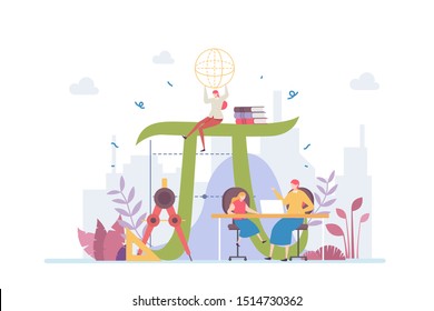 Mathematics Vector Illustration Concept Showing a teacher giving math lesson to a student, Suitable for landing page, ui, web, App intro card, editorial, flyer, and banner.