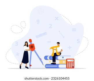 Mathematics Vector Illustration Concept Showing a teacher giving math lesson to a student, Suitable for landing page, ui, web, App intro card, editorial, flyer, and banner.