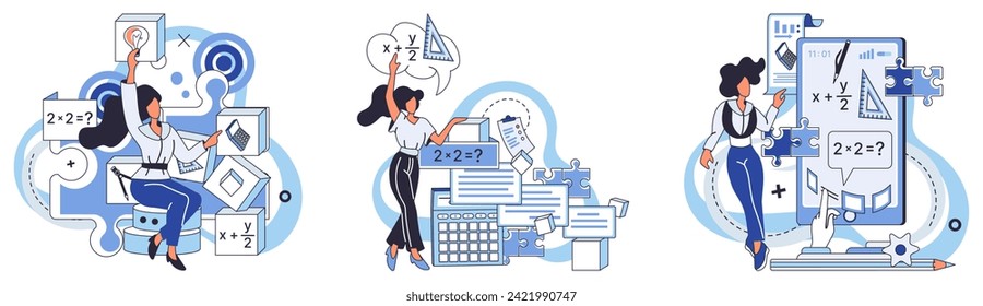 Mathematics vector illustration. Learning art calculation in math is journey toward mastering language numbers Mathematical knowledge grows like flourishing tree, branching out with every lesson