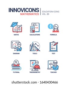 Mathematics - vector line design style icons set. Learning geometry and algebra at school idea. Maths, calculations, formula, diagram, tools, test, tutorial, trigonometry, teacher linear images