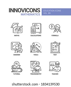 Mathematics - vector line design style icons set. Learning geometry and algebra at school idea. Maths, calculations, formula, diagram, tools, test, tutorial, trigonometry, teacher linear images