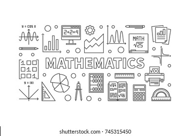 Mathematics vector line horizontal banner or illustration on white background