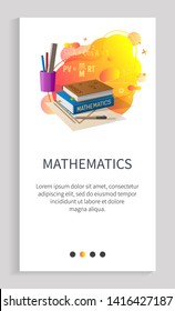 Mathematics vector, school subject book with formulas and solution, discipline of university of college. Supplies, pen and pencil in cup. Website slider app template, landing page flat style