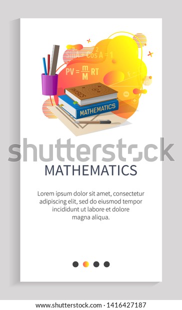 Mathematics\
vector, school subject book with formulas and solution, discipline\
of university of college. Supplies, pen and pencil in cup. Website\
slider app template, landing page flat\
style