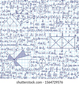 Mathematics Vector Seamless Pattern With Handwritten Algebra And Discrete Math Formulas, Functions, Calculations