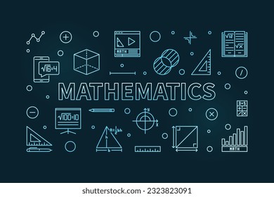 Mathematics vector thin line horizontal blue modern banner - Math Science concept outline illustration with dark background