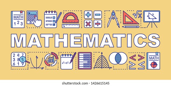 Mathematics word concepts banner. Presentation, website. Isolated lettering typography idea with linear icons. Algebra, geometry, statistics, basic maths. Vector outline illustration