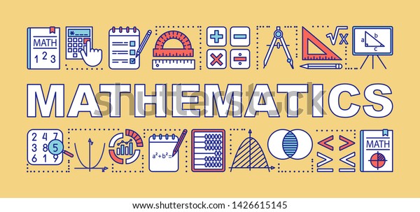Mathematics word\
concepts banner. Presentation, website. Isolated lettering\
typography idea with linear icons. Algebra, geometry, statistics,\
basic maths. Vector outline\
illustration