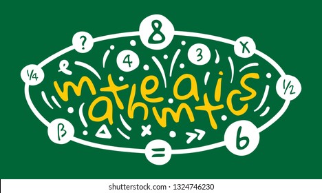 mathematics word and symbols on green background