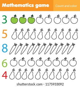 Mathematics worksheet for kids. Count and color educational children activity with fruits and vegetables.