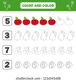 Mathematics worksheet for kids. Count and color educational children activity with apple, pear, lemon, cherry