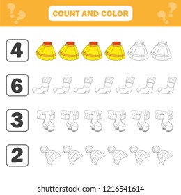 Mathematics worksheet for kids. Count and color educational children activity. Black and White Cartoon Illustration of Educational Counting Game for Children with Clothes