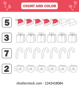 Mathematics worksheet for kids. Count and color educational children activity. Black and White Cartoon Illustration of Educational Counting Game for Children. Christmas, winter holidays theme