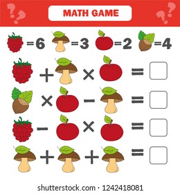 Mathematics worksheet for kids. Count educational children activity with berry, mushroom, nut, apple