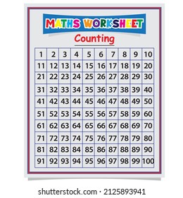 Hoja de cálculo matemática, contando de 1 a 100 números para niños preescolares que aprenden en una versión imprimible colorida. Ilustración vectorial.