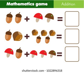 Mathematics workshhet. Counting eduational game for children. How many objects, addition