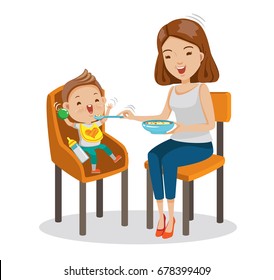 Mather is feeding Little son. baby sitting in the highchair. Standard vector graphics creative and versatile  to use as illustrations cartoon for print, web, interactive,Isolated on white background