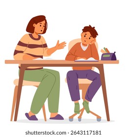 Mather or tutor making homework with primary school boy sitting at desk together flat vector illustration isolated on white.