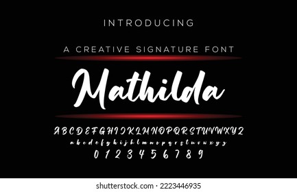 Mathilda, Hand drawn calligraphic vector monoline font. Distress signature letters. Modern script calligraphy type. ABC typography latin signature alphabet.