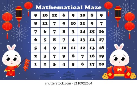 Mathmetical maze for kids with rabbit with firecrackers and lucky bags, money and coins on dark blue background, printable worksheet in cartoon style