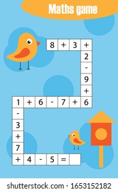 Maths chain game with birds for children, education game for kids, preschool worksheet activity, task for the development of logical thinking, vector illustration