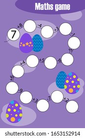 Maths chain game with easter pictures for children, education game for kids, preschool worksheet activity, task for the development of logical thinking, vector illustration