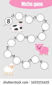 MathematikKettenspiel mit Bauerntieren für Kinder, Kindererziehung, Vorschulblatttätigkeit, Aufgabe für logisches Denken, Vektorillustration-Illustration