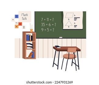 Maths classroom with blackboard, desk. Mathematics class, empty study room with chalkboard. Arithmetics and geometry in elementary school. Flat vector illustration isolated on white background