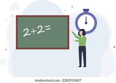 A maths classroom with a formula on the blackboard, a teacher and a wall clock. Vector cartoon illustration of a mathematics classroom. Vector images