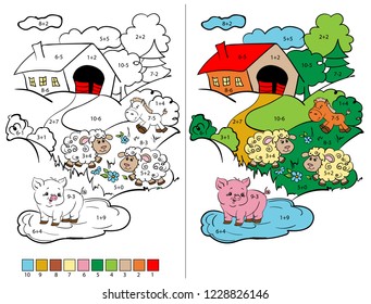 Maths. Coloring by numbers. Learn to count. Examples for the weakening and subtraction to 10. Tasks for children. Cartoon character. Vector illustration. 