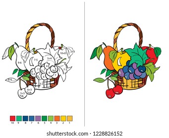 Maths. Coloring by numbers. Learn to count. Examples for the weakening and subtraction to 10. Tasks for children. Cartoon character. Vector illustration. 