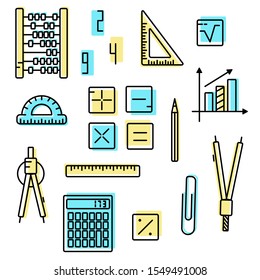 Maths concept. Educational set icons. Vector isolated on white. Symbols of mathematics, arithmetic, geometry, drawing. Studying at school, studying a school subject. Multicolor.