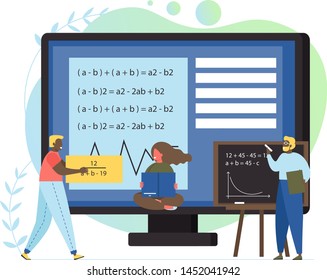 Maths concept vector flat illustration. Mathematical formulas on big computer monitor, tiny students studying math, university professor writing formulas equation drawing function graph on chalkboard.
